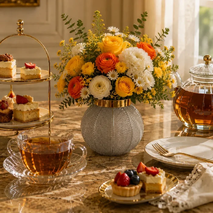 گلدان شیشه‌ای دکوراتیو رومیزی مدل توپی برگی سایز 14 و 21 و 24