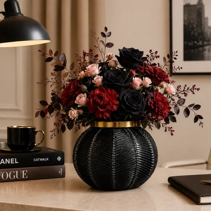 گلدان شیشه‌ای دکوراتیو رومیزی مدل توپی برگی سایز 14 و 21 و 24
