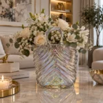 گلدان شیشه ای دست ساز دکوری مدل کیف گندم گریژ ۲۴ سانتی