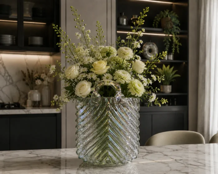 گلدان شیشه ای دست ساز دکوری مدل کیف گندم گریژ ۲۴ سانتی