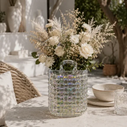 گلدان شیشه ای دست ساز دکوری مدل کیف حصیری گریژ ۲۰ سانتی