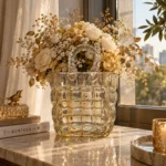 گلدان شیشه ای دکوری مدل کیف آسمان صنایع دستی دسته دار