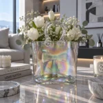 گلدان شیشه ای دکوری مدل کیف پاپیونی صنایع دستی دسته دار